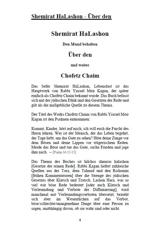 Buch Shemirat HaLashon - CHOFETZ CHAIM: Das Hüten der Zunge [German Edition]