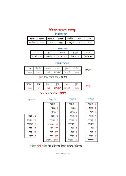 לוח שנה על פי הקבלה לרש"ש פרצוף הימים ופרצוף הזמנים לשנת תשפ"ז JEWISH KABBALAH CALENDAR 2026-2027
