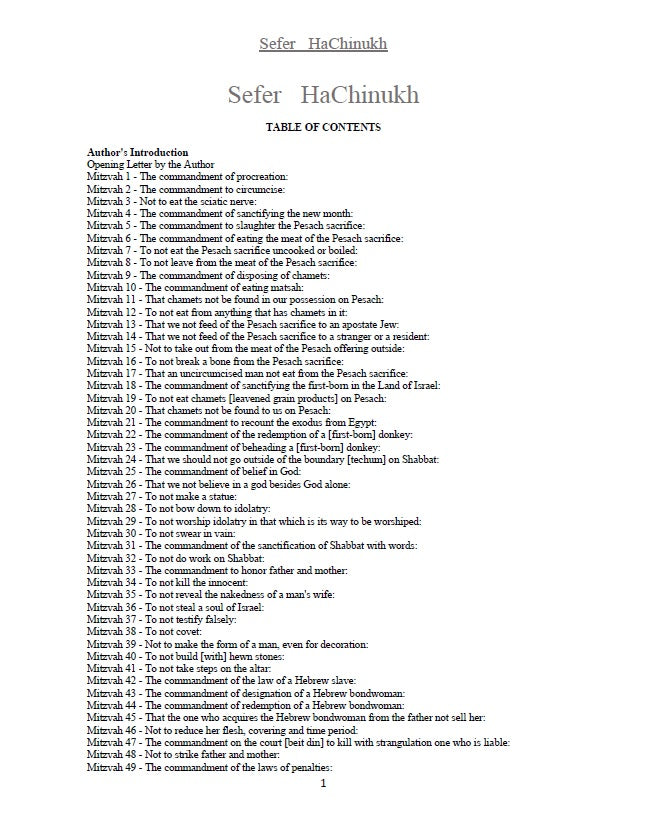 Sefer HaChinukh - On 613 Mitzvahs of the Torah